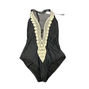 Kona Sol Black One Piece Swimsuit Crochet Lace Back Size Small